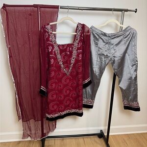 Elegant Maroon and Silver Embroidered Outfit